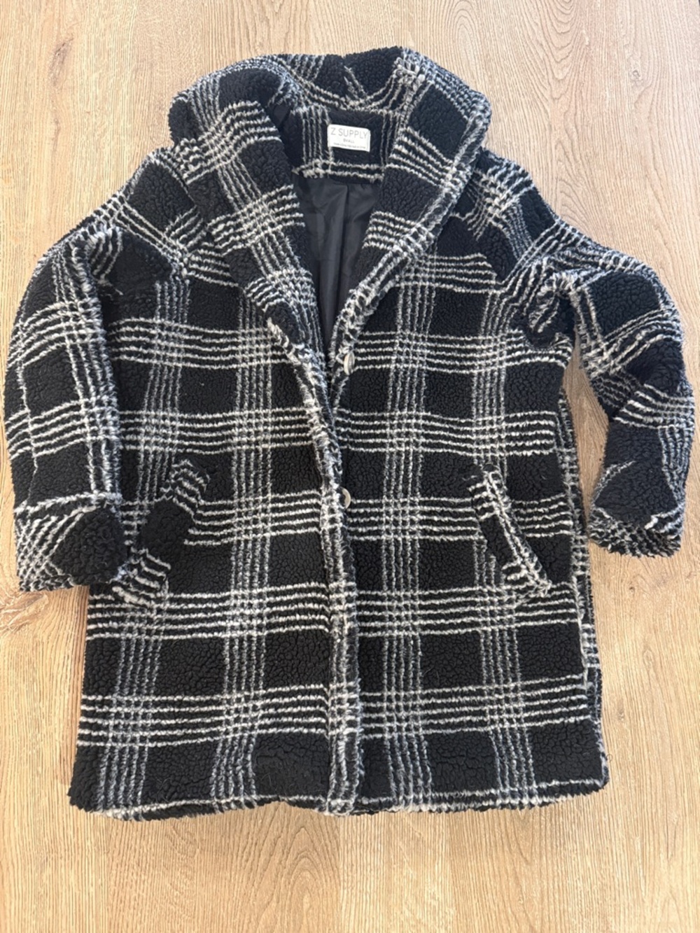 Z Supply Women’s Black & White Plaid Sherpa Pea Coat
